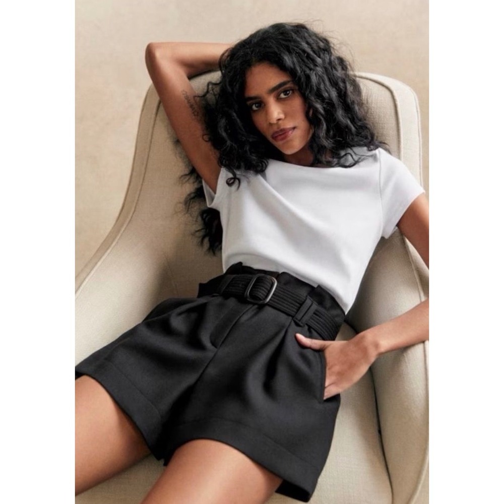 Sezane Shorts Rome High Waist Wool Blend Belted Preppy Black 36 US 4